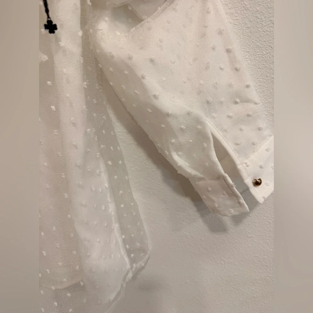 Elegant Dainty Jewells Sheer White Blouse with Bow - Picture 4 of 7